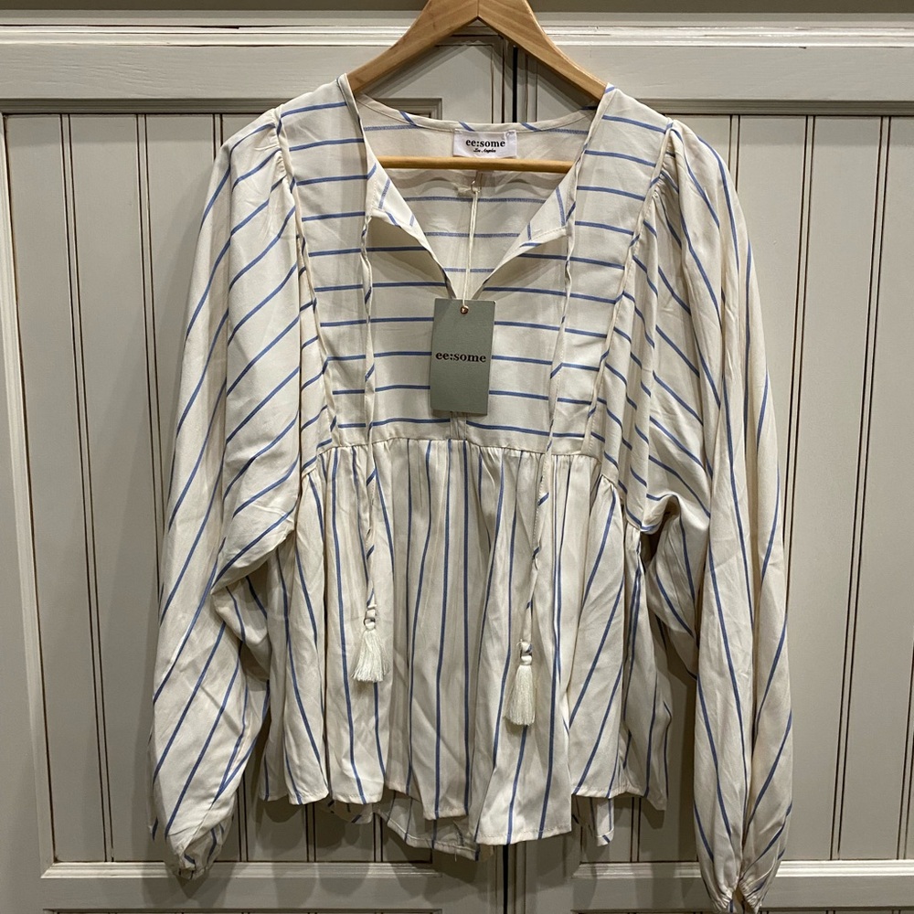 ee:some brand- flowy white blouse with Blue Stripes
